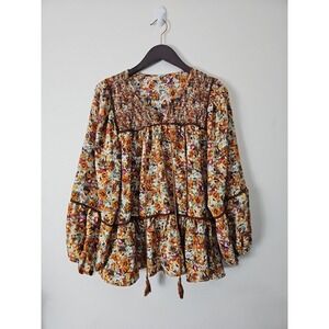 Lady Floral Blouse Long Sleeve Loose Boho Cottagecore Hippie Gypsy Swing Size XL